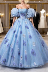 Floral Tulle Long Formal Prom Dress, Blue Short Sleeve Evening Dress