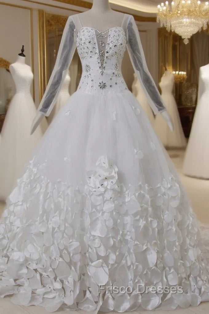 Flower Crystal Petals Train Long Leeves Backless Wedding Dress Main image