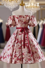 Flower Short Sleeve Off the Shoulder Homecoming Dress