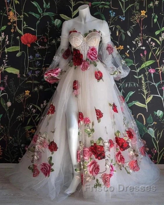 Flowers Appliques Princess A Line Champagne Formal Prom Dress With Slit Secondary image