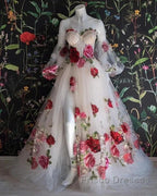 Flowers Appliques Princess A Line Champagne Formal Prom Dress With Slit