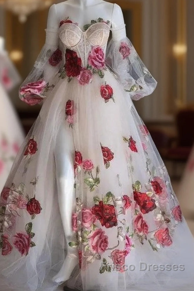 Flowers Appliques Princess A Line Champagne Formal Prom Dress With Slit Main image