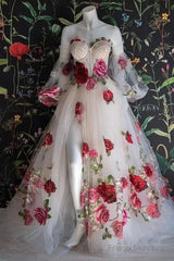Flowers Appliques Princess A Line Champagne Prom Dress With Slit