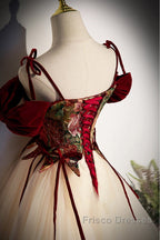 Flowers Champagne Long Tulle Formal Prom Dress with Straps