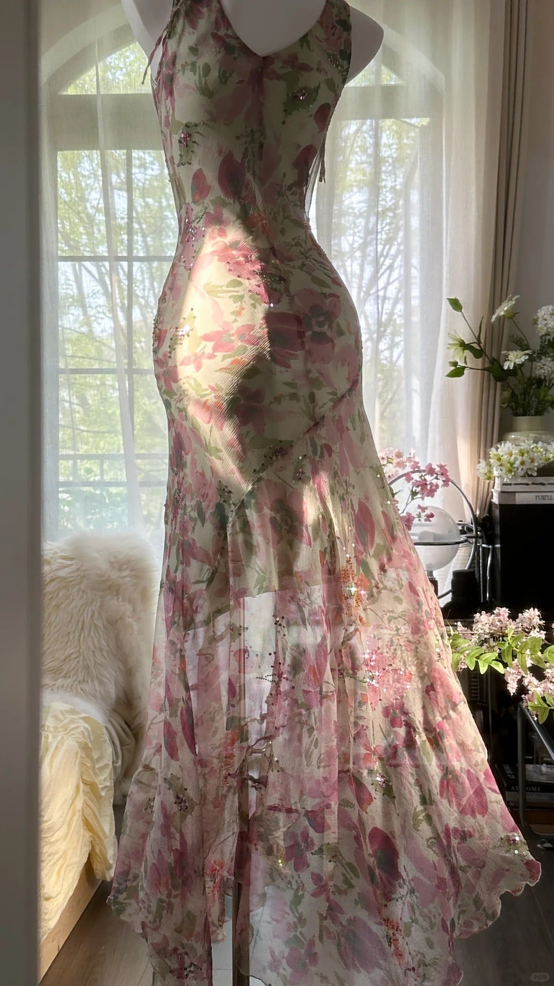 Flowing Chiffon Sequin Print Pink Irregular Skirt Prom Dress