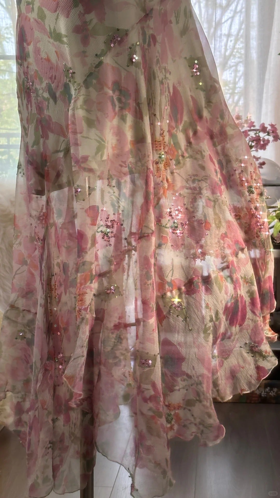 Flowing Chiffon Sequin Print Pink Irregular Skirt Prom Dress