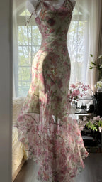 Flowing Chiffon Sequin Print Pink Irregular Skirt Prom Dress