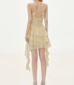 Flowy A Line Halter Layered Yellow Chiffon Open Back Short Homecoming Dress Cocktail Dress