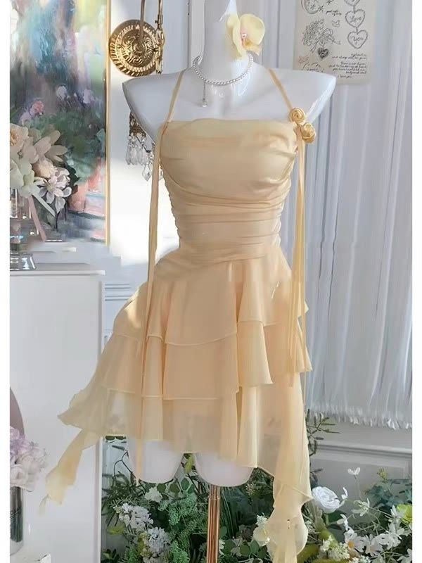 Flowy A Line Halter Layered Yellow Chiffon Open Back Short Homecoming Dress Cocktail Dress Main image