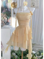 Flowy A Line Halter Layered Yellow Chiffon Open Back Short Homecoming Dress Cocktail Dress