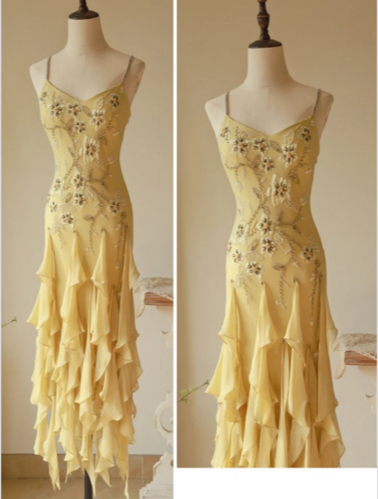 Flowy Strapless Yellow Beaded Jellyfish Skirt Chiffon Prom Dress Main image
