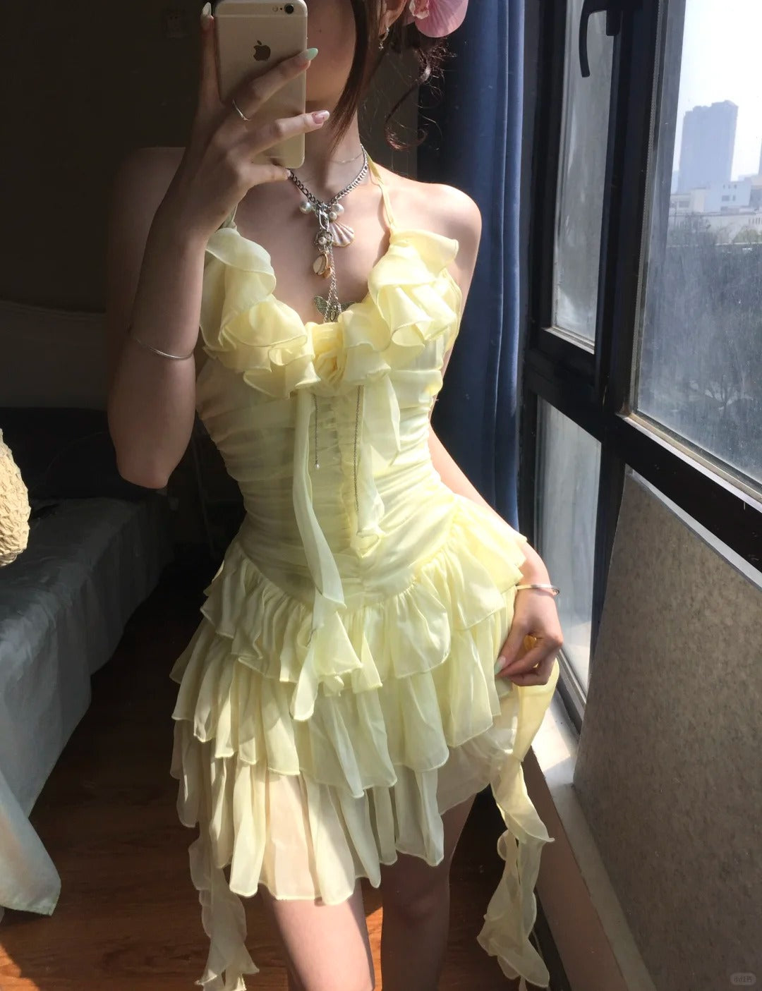 Flowy Yellow Chiffon Ruffle Mini 17Th Birthday Homecoming Dress