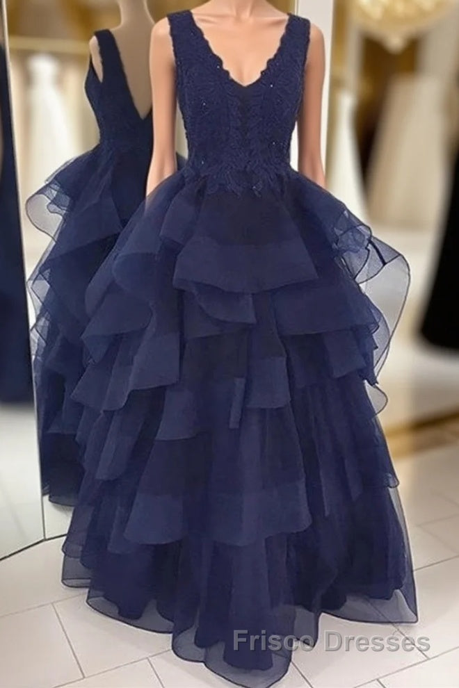 Fluffy V Neck Backless Navy Blue Lace Long Formal Prom Dresses, Open Back Navy Blue Lace Formal Dresses, Navy Blue Lace Evening Dresses, Ball Gown