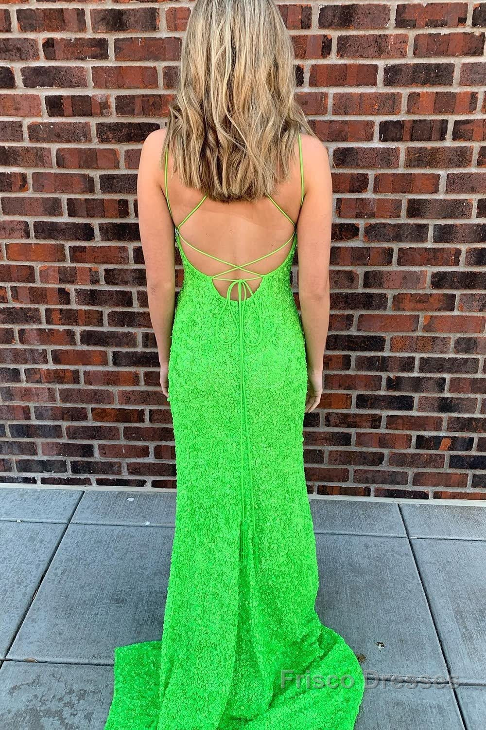 Fluorescent Green Sequins Long Prom Dress With Criss Cross Back Secondary image