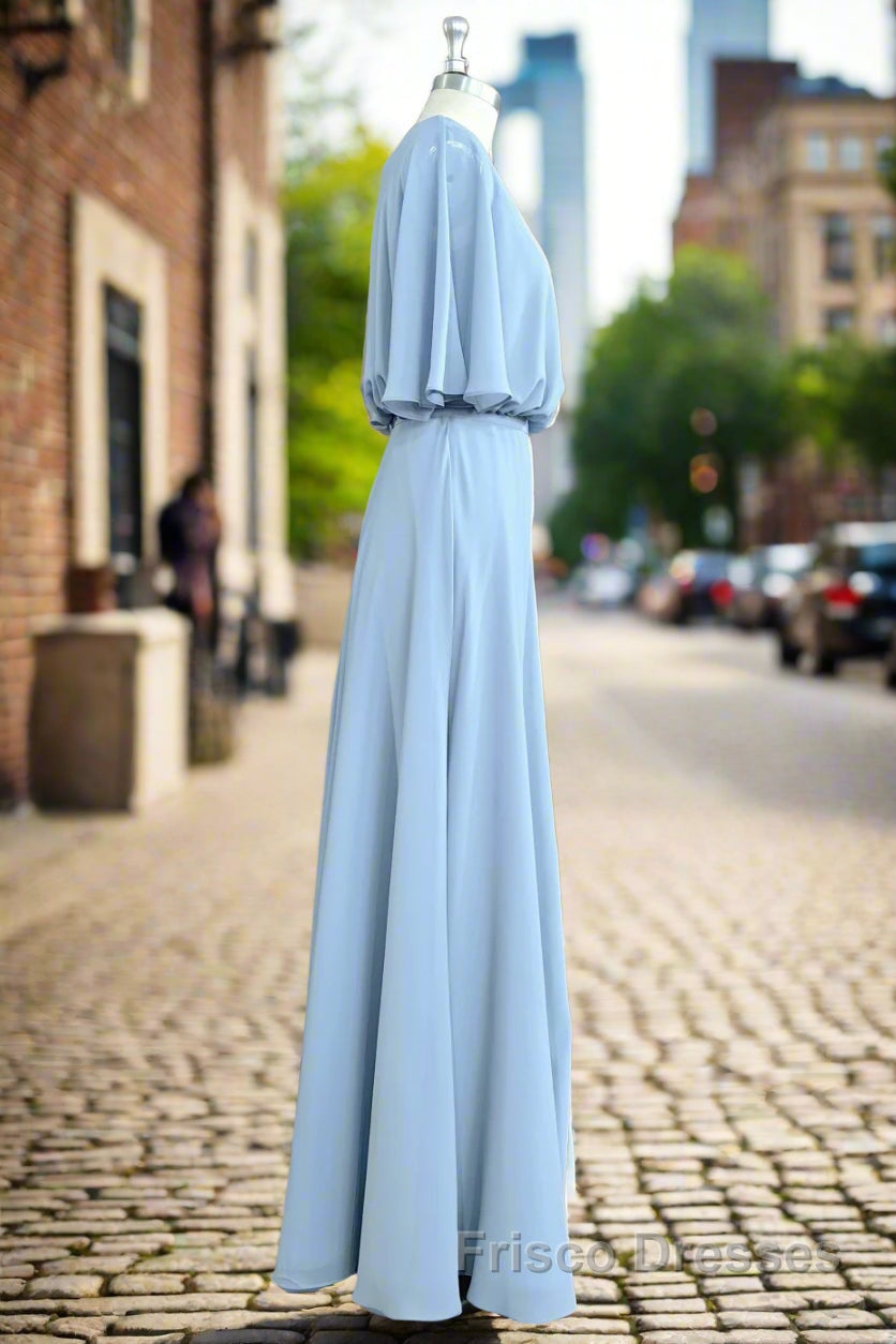 Flutter Sleeves Chiffon Sky Blue Bridesmaid Dresses with Sash Bow Max Dresses Secondary image