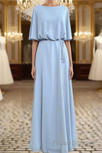 Flutter Sleeves Chiffon Sky Blue Bridesmaid Dresses with Sash Bow Max Dresses