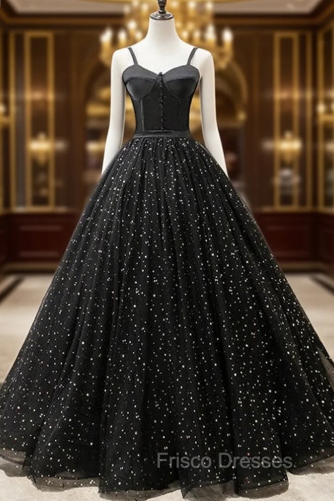 For The Very Best In Unique Or Custom. Black Ball Gown Tulle Spagehtti Straps Floor Length Quinceanera Dress