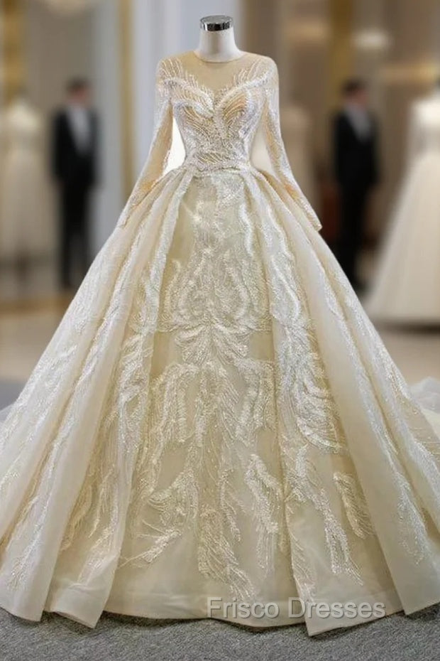 For You Champagne Ball Gown Tulle Appliques Long Sleeve Beading Wedding Dress Main image