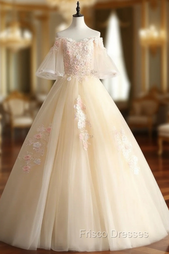For You Next Formal Prom Dance Champagne Ball Gown Tulle Off the Shoulder Horn Sleeve Quinceanera Dress Main image