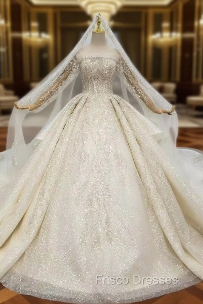 For You Next Formal Prom Dance Champagne Ball Gown Tulle Sequins Beading Off the Shoulder Wedding Dress With Removable Train