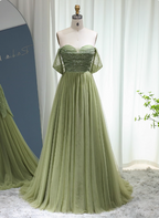 Forest Avocado Green Off-The-Shoulder Sequin Tulle Train Prom Dress Evening Dress