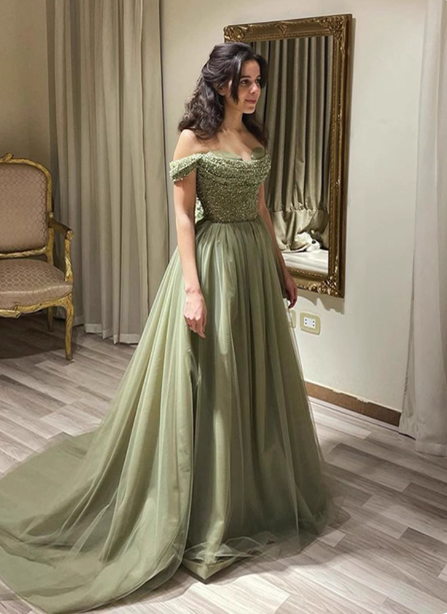 Forest Avocado Green Off-The-Shoulder Sequin Tulle Train Prom Dress Evening Dress Main image