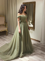 Forest Avocado Green Off-The-Shoulder Sequin Tulle Train Prom Dress Evening Dress