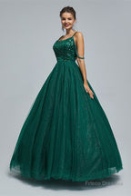 Dark Green Lace Up Beading Long Prom Dresses