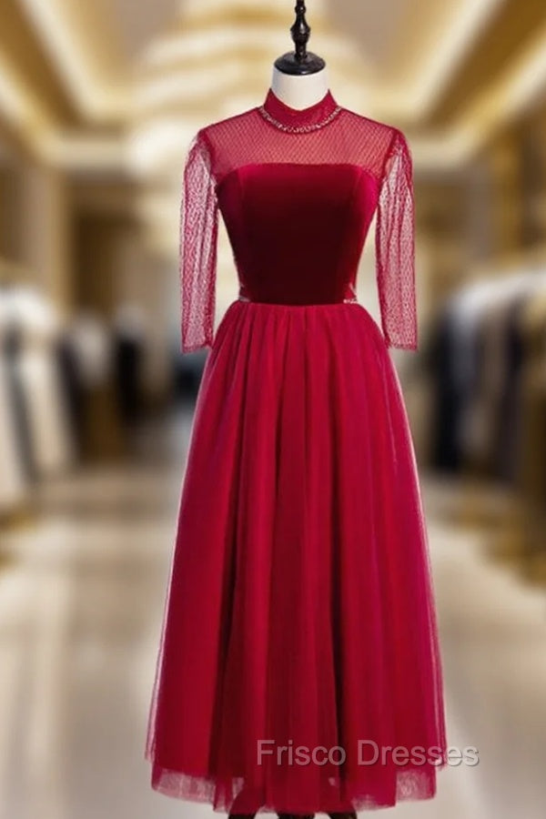 Formal Tulle Burgundy Short Sleeve High Neck Formal Prom Dress Main image