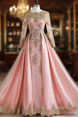 Formally Gold Lace Appliques Pink Tulle Long Sleeve Formal Prom Dress