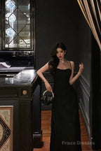 French A Line Spaghetti Straps Black Long Lace Prom Dresses Birthday Outfits Evening Gown