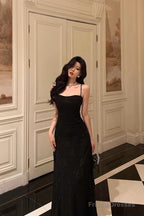 French A Line Spaghetti Straps Black Long Lace Prom Dresses Birthday Outfits Evening Gown