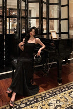 French A Line Spaghetti Straps Black Long Lace Prom Dresses Birthday Outfits Evening Gown