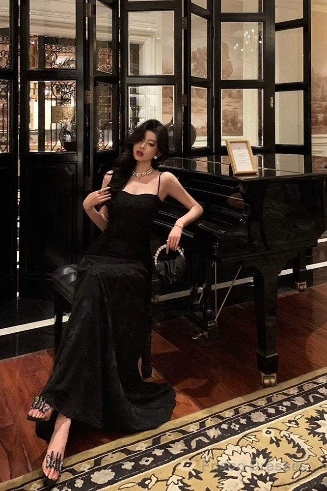 French A Line Spaghetti Straps Black Long Lace Prom Dresses Birthday Outfits Evening Gown