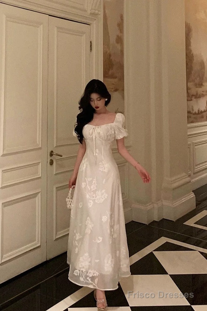 French A Line Square Neckline Short Sleeves Floral Lace Prom Dresses Birthday Outfit Main image