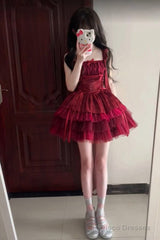 French Ball Gown Square Neckline Short Tulle Burgundy Lolita Dresses Party Dress Birthday Outfits