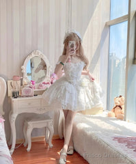 French Ball Gown Straps Short Tulle White Lolita Dresses Party Dress Birthday Outfits
