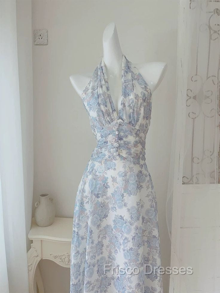 French Halter V Neck Print Floral Long Formal Prom Dress Chiffon Evening Dress Secondary image