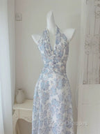 French Halter V Neck Print Floral Long Formal Prom Dress Chiffon Evening Dress