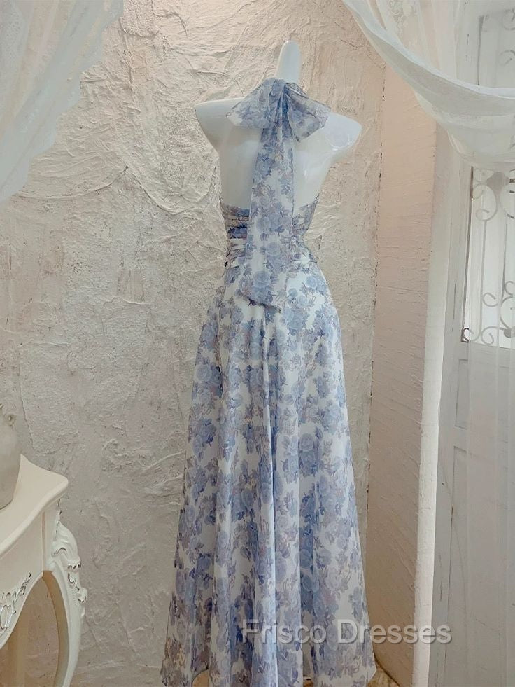 French Halter V Neck Print Floral Long Formal Prom Dress Chiffon Evening Dress