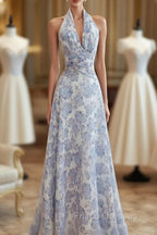 French Halter V Neck Print Floral Long Formal Prom Dress Chiffon Evening Dress