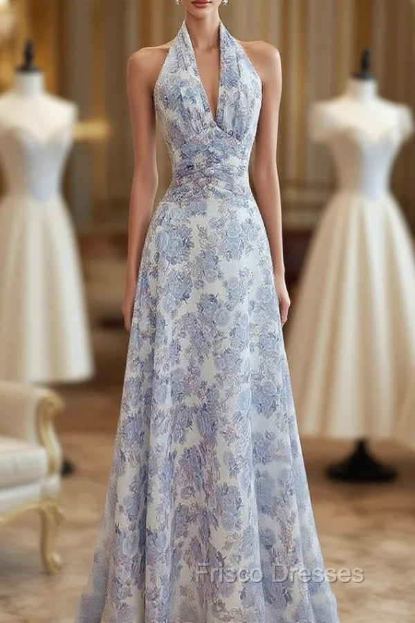 French Halter V Neck Print Floral Long Formal Prom Dress Chiffon Evening Dress