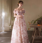French Pink Printed A-Line Off-The-Shoulder Bow Tulle Long Prom Dress Evening Dress