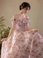French Pink Printed A-Line Off-The-Shoulder Bow Tulle Long Prom Dress Evening Dress