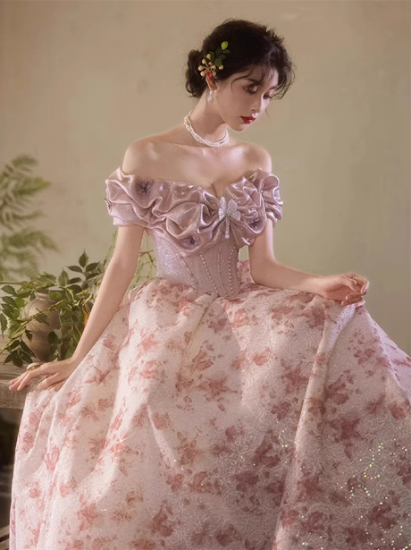 French Pink Printed A-Line Off-The-Shoulder Bow Tulle Long Prom Dress Evening Dress
