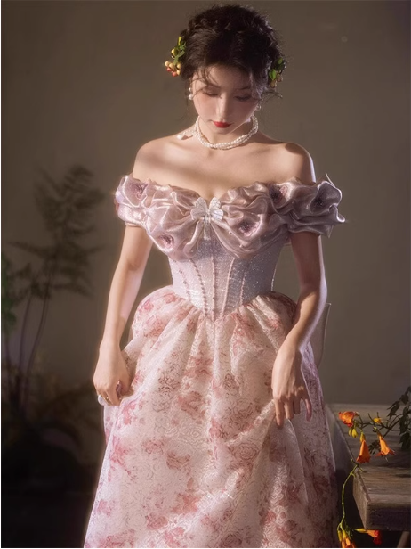 French Pink Printed A-Line Off-The-Shoulder Bow Tulle Long Prom Dress Evening Dress Main image