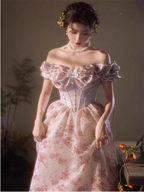 French Pink Printed A-Line Off-The-Shoulder Bow Tulle Long Prom Dress Evening Dress