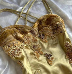 French Retro Gold Beaded Satin Irregular Skirt Prom Dress