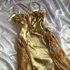 French Retro Gold Beaded Satin Irregular Skirt Prom Dress