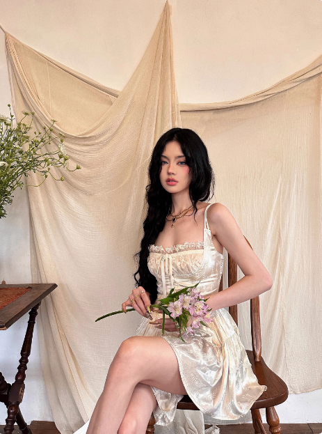 French Retro Lace Suspenders Dark Satin A-Line 21St Birthday Homecoming Dress